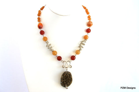 Orange Carnelian and Druzy Wire Wrapped Gemstone Necklace, Gift for Her