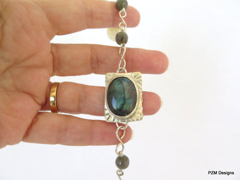 Labradorite silver bracelet, artisan made line bracelet