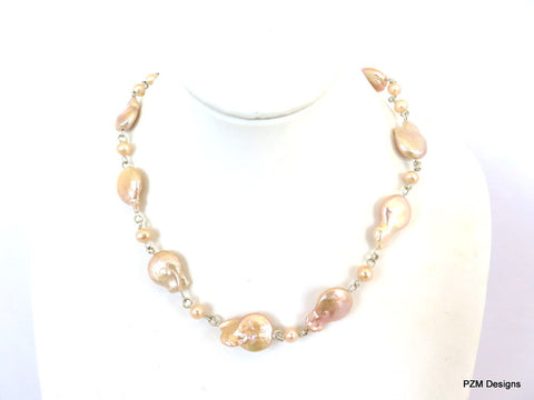 Peach baroque pearl strand, bridal jewelry