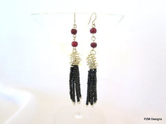 Black Spinel and Ruby Tassel Earrings - PZM Designs 