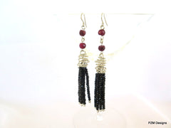 Black Spinel and Ruby Tassel Earrings - PZM Designs 