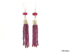 Natural Purple Garnet Tassel Earrings with Ruby Accents, Art Deco Tassel Earrings - PZM Designs 