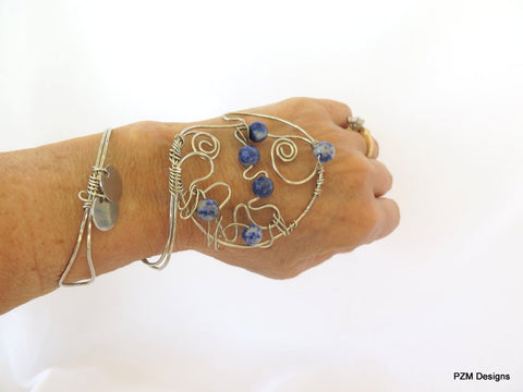 Blue Sodalite hand bracelet, Silver and gemstone hand cuff, modern boho chic bracelet