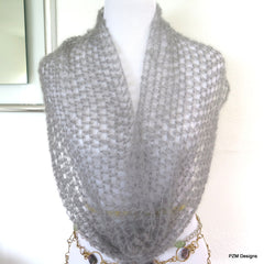 Grey silk long loop scarf, hand crochet luxury cowl gift for her - PZM Designs 