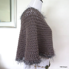 Grey Short Circle Poncho, Hand crochet poncho with faux fur trim, gift for her - PZM Designs 