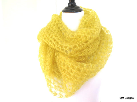 Mustard Yellow Silk Mohair Loop Scarf, Hand Crochet Large Infinity Scarf