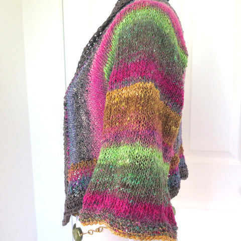 Luxury Hand Knit Sweater Shrug, Colorful Silk Wool Blend Shrug