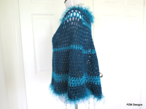 Large Blue Circle Poncho with Fur Trim, Hippie Crochet Poncho