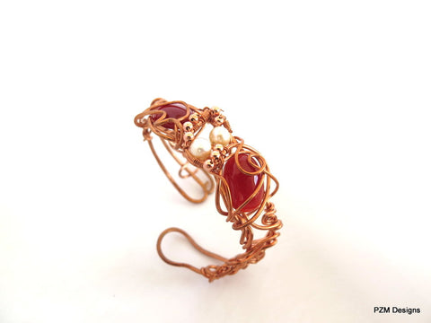 Copper and Gemstone Cuff, Wire Wrapped Boho Chic Cuff Bracelet