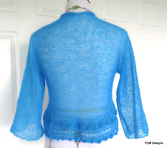Bright Blue Silk Sweater, Hand Knit Luxury Shrug - PZM Designs 