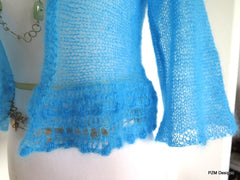 Bright Blue Silk Sweater, Hand Knit Luxury Shrug - PZM Designs 