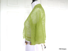 Green Silk Knit Shrug, Light Green Hand Knit Kid Mohair and Silk Jacket, Gift for Her - PZM Designs 