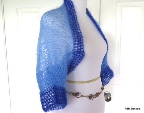 Blue Mohair Shrug, Two Tone Blue Silk Mohair Sweater, Gift for Her