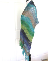Silk Fringed Shawl, Multi Color Hand Knit Shawl, Gift for Her - PZM Designs 