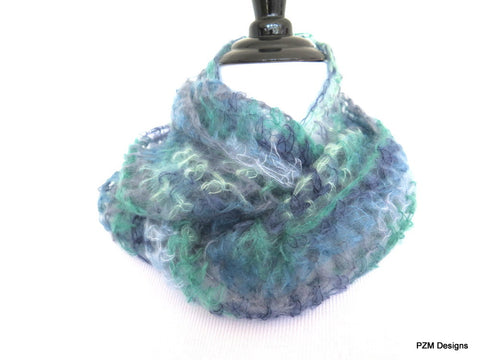 Blue Multi Color Silk Mohair Loop Scarf, Luxury Gift for Her