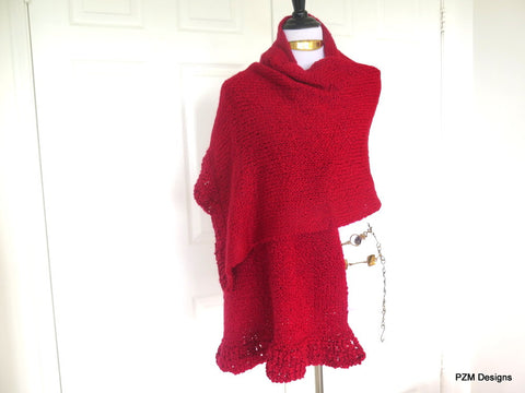 Large Red Knit Shawl, Evening Wrap Gift For Her
