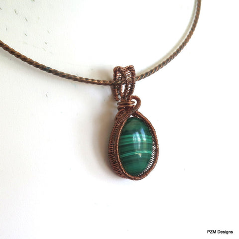 Malachite Woven Copper Pendant, Boho Chic Copper Necklace, Gift for Her