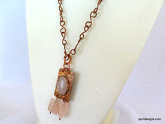 Rose Quartz Necklace set in Copper, Artisan made tribal necklace, Modern Tribal Jewelry