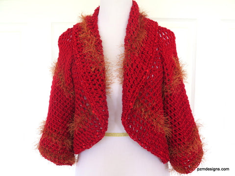 Large Red Circle Shrug, Hand Crochet Layering Sweater, Designer Knitwear