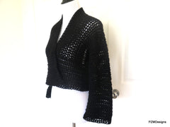 Black Crochet Short Jacket, Hand Crochet Crop Cardigan