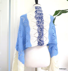 Hand Knit Meditation Shawl, Blue and Whte Prayer Shawl, Gift for her