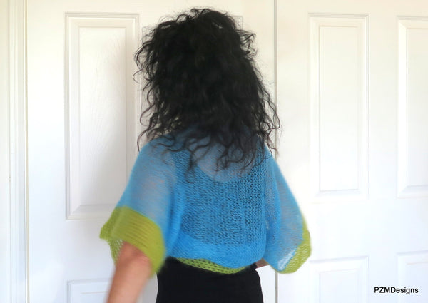 Turquoise and Blue hotsell Hand knitted 100% Cotton and Bamboo Shrug, Long Sleeve Shrug, Knitted Short Cardigan