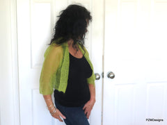 Transparemt Green Silk Knit Shrug, Light Green Hand Knit Kid Mohair and Silk Jacket, Gift for Her