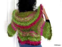 Green and Pink Unusual Designer Circle Shrug, Colorful Fashion Hand Crochet Jacket