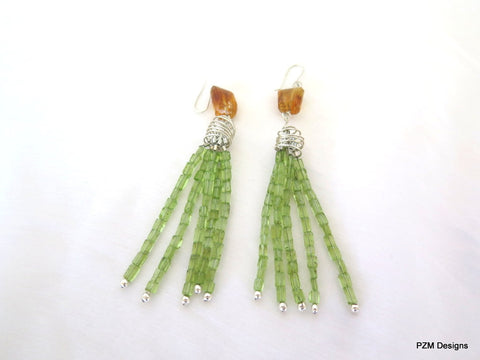 Long peridot tassel earrings with gold citrine accents, pzm designs fine jewelry