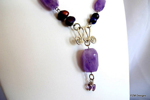 Amethyst and Pearl  Statement Handmade Necklace, birthstone gift for her