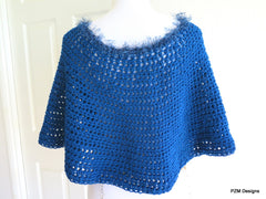 Blue Teal Poncho, Short Crochet Circle Poncho, Gift for Her - PZM Designs 