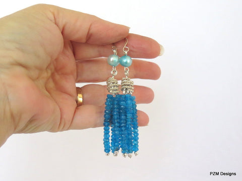 Neon Apatite Tassel Earrings with Blue Pearl Accents, Art Deco Style fine jewelry