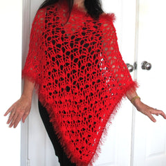 Red Crochet Lacy Poncho with fur trim, Asymmetrical Crochet Evening Wrap, Gift for Her - PZM Designs 