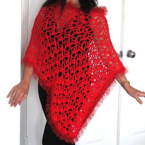 Red Crochet Lacy Poncho with fur trim, Asymmetrical Crochet Evening Wrap, Gift for Her