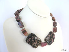 Chunky Rhodonite Statement Necklace, Boho Chic Pink Rhodonite Gemstone Necklace, Gift for Her - PZM Designs 