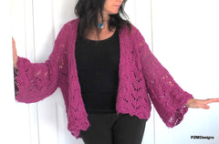 Purple Hand Knit Angora Cardigan Sweater, Plus Size Angora Sweater Shrug