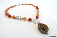 Orange Carnelian and Druzy Wire Wrapped Gemstone Necklace, Gift for Her - PZM Designs 