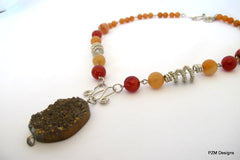 Orange Carnelian and Druzy Wire Wrapped Gemstone Necklace, Gift for Her - PZM Designs 