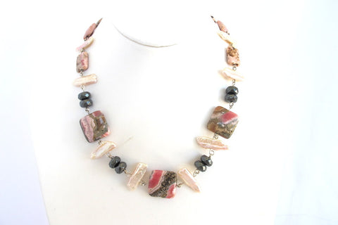 Rhodochrosite and Hematite Necklace with Biwa Pearls