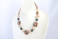 Rhodochrosite and Hematite Necklace with Biwa Pearls - PZM Designs 