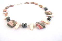 Rhodochrosite and Hematite Necklace with Biwa Pearls - PZM Designs 