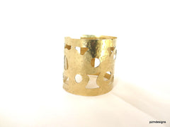 Gold open work cuff, artisan brass armband with cut outs, hammered pierce work brass wrist cuff - PZM Designs 