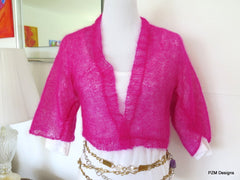 Hot Pink Silk Mohair Cropped Hand Knit Jacket Sweater - PZM Designs 