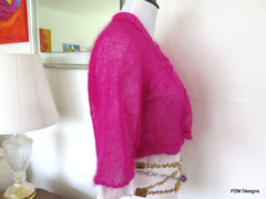 Hot Pink Silk Mohair Cropped Hand Knit Jacket Sweater - PZM Designs 