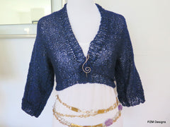 Navy blue cropped sweater, sparkly hand knit bolero cardigan - PZM Designs 