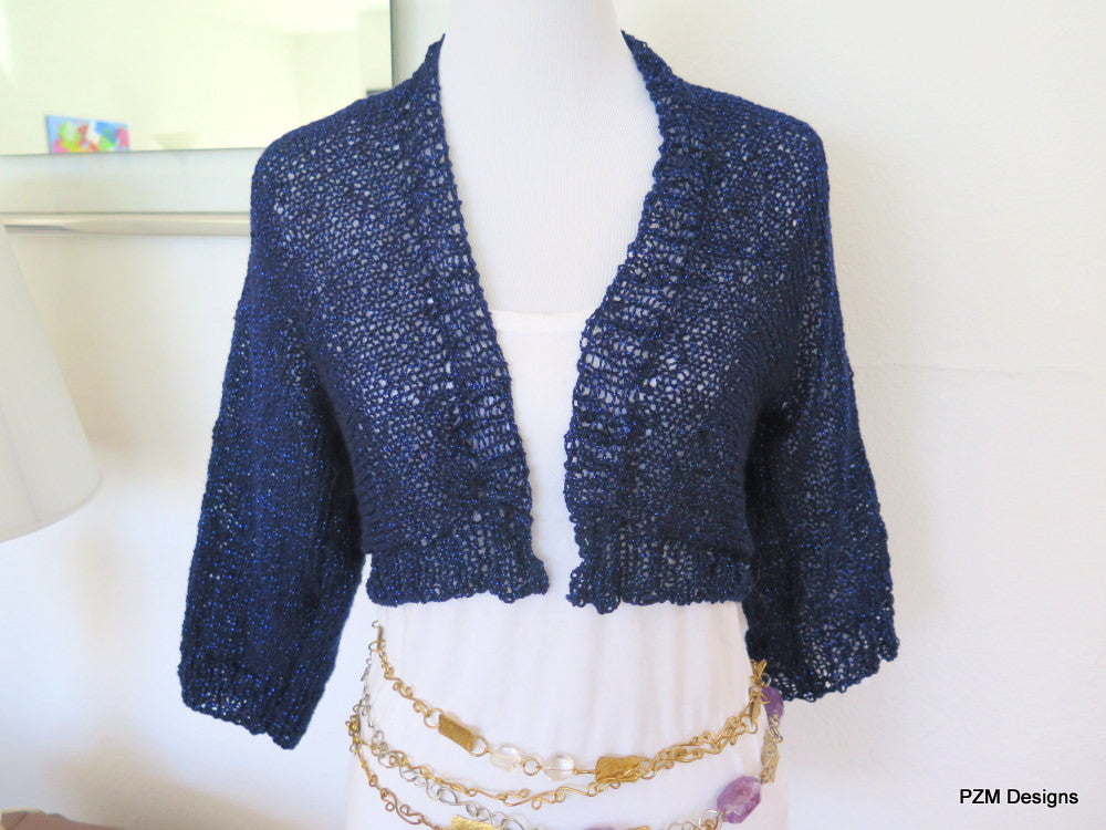 Engel to uger Arbitrage Navy blue cropped sweater, sparkly hand knit bolero cardigan – PZM Designs