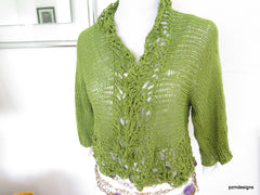Green Bamboo Hand Knit Shrug gift for her - PZM Designs 