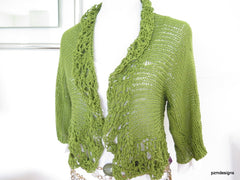 Green Bamboo Hand Knit Shrug gift for her - PZM Designs 