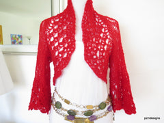Red Mohair Shrug, lacy hand knit mohair sweater with crochet edges, luxury acrylic mohair jacket - PZM Designs 
