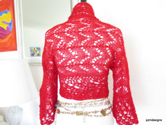 Red Mohair Shrug, lacy hand knit mohair sweater with crochet edges, luxury acrylic mohair jacket - PZM Designs 